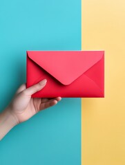 Poster - Brightly Colored Envelope Held Against a Vibrant Blue and Yellow Background, Ideal for Sending Letters or Invitations During Any Occasion