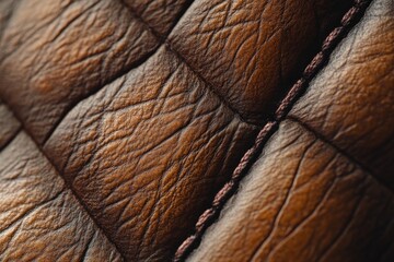 Poster - High-resolution macro shot of rich brown leather, emphasizing the detailed stitching and texture, perfect for illustrating luxury and craftsmanship.