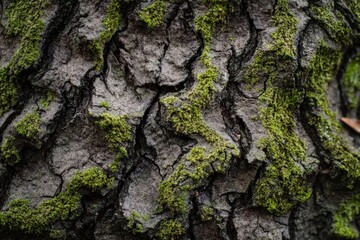 Poster - A close-up view of tree bark covered in green moss, emphasizing texture and natural patterns, capturing the essence of nature's resilience and aged beauty.