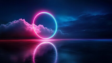 Poster - Neon Circle Illuminating Clouds Over Tranquil Water During Twilight