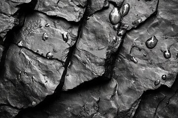 Poster - The image captures a close-up view of textured dark rocks with droplets of water, creating a stunning contrast and highlighting the intricate surface details.