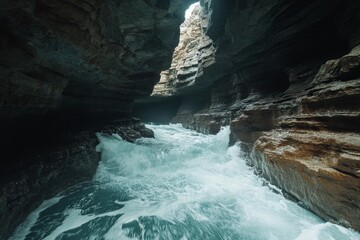 Aufkleber - A dramatic view of rushing water inside a rocky coastal cave, highlighting the power and relentless energy of nature, with an emphasis on natural elements.