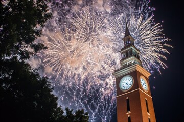 Poster - A striking clock tower is highlighted by a cascade of colorful fireworks, filling the night sky and creating a captivating and festive atmosphere.