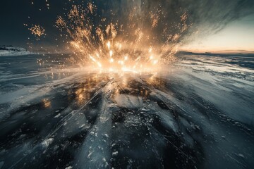 Aufkleber - A stunning display of fireworks erupts over a frozen surface, casting vibrant reflections and illuminating the wintry landscape in a dramatic and captivating scene.