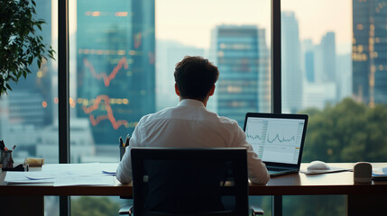 Poster - Professional man analyzes financial data in a modern office overlooking the city skyline during afternoon