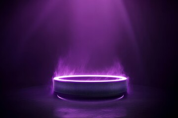 Poster - Ethereal Purple Mist Surrounds a Glowing Circular Platform Emphasized by Dramatic Lighting in a Dark Environment