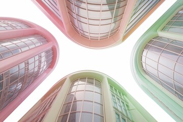 Aufkleber - Pastel-colored modern buildings viewed from below, showcasing their curved designs and large windows.