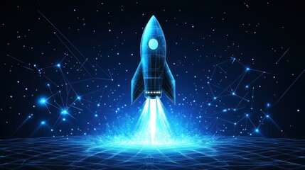 Poster - Blue Rocket Launch Low Polygonal Style Digital Art Space Background