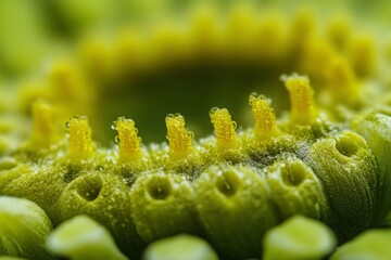 Aufkleber - Intimate macro shot focusing on bright yellow flower pistils adorned with dewdrops, showcasing the delicate and vibrant life of floral interiors.