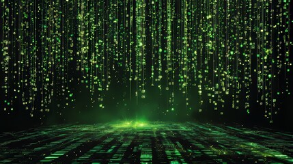Aufkleber - Digital Green Matrix Rain Falls on a Futuristic Landscape Illuminated With Shimmering Light Patterns and Cascading Numbers