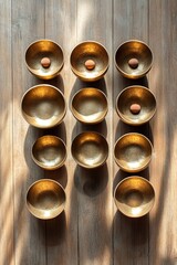 Elegant arrangement of metallic bowls with warm reflections on w