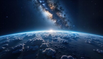 Aufkleber - Stunning view of planet Earth from space. Vast expanse of clouds covers globe. Sunrise illuminates horizon. Milky Way galaxy stretches across dark sky. Breathtaking illustration captures beauty of