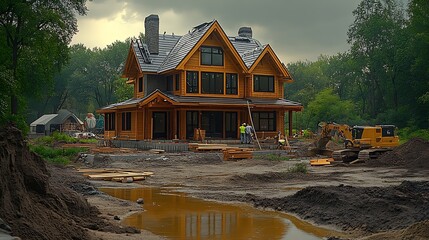 Poster - Construction of a Wooden House Amidst Earthworks and Heavy Machinery : Generative AI