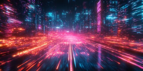 Aufkleber - Futuristic Cyberpunk Cityscape with Neon Lights and Motion Blur : Generative AI