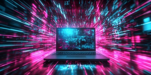 Aufkleber - Futuristic Laptop Surrounded by Vibrant Neon Lights in Digital Space : Generative AI