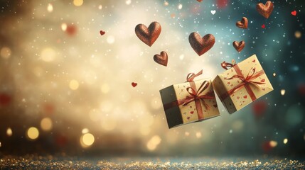 Poster - Floating Gifts Surrounded by Hearts and Sparkles Create a Whimsical Atmosphere Perfect for Celebrations and Special Occasions