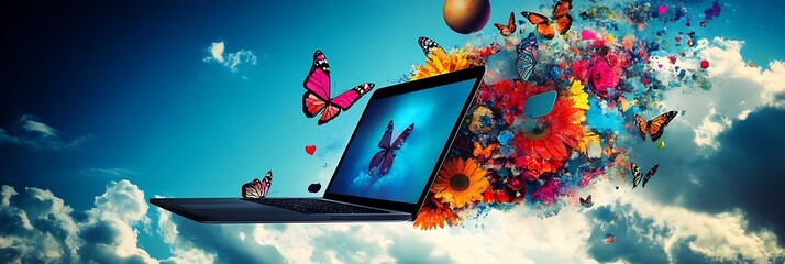 Aufkleber - Digital Art of Vibrant Butterflies and Flowers Emanating from a Laptop Into the Sky : Generative AI