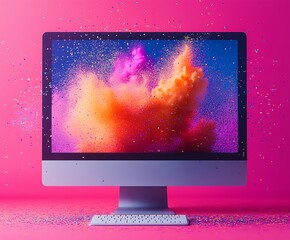 Poster - Vibrant Computer Screen with Explosive Colorful Powder on Pink Background : Generative AI