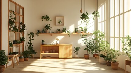 Poster - Sunlit room with indoor plants and wooden decor creating a natural and sustainable living space : Generative AI