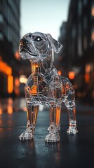 Poster - Transparent Dog Sculpture in Urban Evening Scene with Orange Accent Lighting : Generative AI
