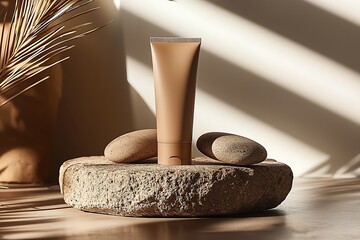 Poster - Elegant Skincare Tube Featuring Minimalist Natural Setting with Stones and Light : Generative AI