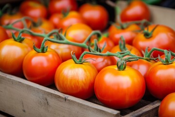 Aufkleber - A colorful selection of ripe, round tomatoes displayed in wooden crates, illustrating the bounty of a fresh harvest at a busy market or grocery store.