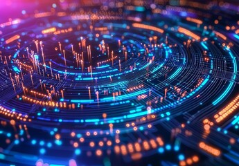 Aufkleber - Digital Technology Network With Colorful Data Visualization in a Spiral Formation Showcasing Data Flow in a Vibrant Environment