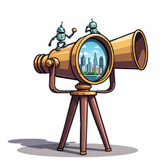 Canvas Print - Whimsical robots observing a vibrant cityscape through a vintage telescope, digital illustration of fantasy art concept.