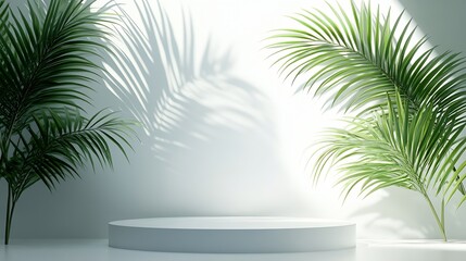Poster - Sunlit White Platform with Vibrant Green Palm Leaves Shadows on Wall : Generative AI