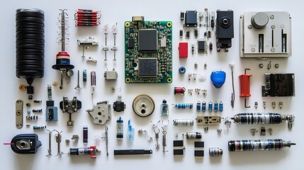Poster - A detailed arrangement of various electronic components and parts displayed on a flat surface, showcasing their diversity and complexity.