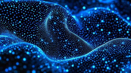 Poster - Illuminated Blue Particles Create a Wave-Like Pattern in an Abstract Digital Landscape During a Nighttime Display of Visual Art