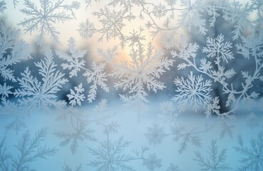 Poster - Frost patterns create intricate leaf-like designs on windowpane. Winter scenery visible through frosty window. Beautiful ice crystals form winter landscape. Photo shows frost patterns on window in