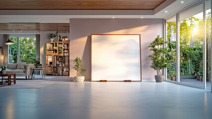 Wall Mural - serene living room with blank canvas and natural light streaming in