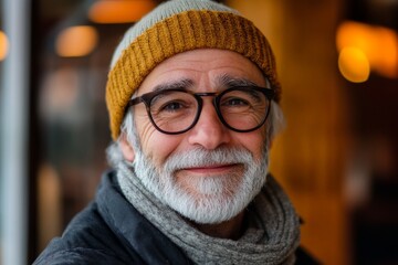 Wall Mural - An elderly man with a white beard and glasses, wearing a warm knit hat, smiles kindly while enjoying the cozy ambiance of an indoor space, evoking a sense of comfort.