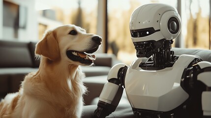 Poster - Golden Retriever and Humanlike Robot Together Indoors for Friendship and Futuristic Technology Concept : Generative AI