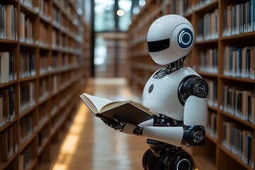 Poster - High Tech Robot Reading in Modern Library Representing AI Learning and Knowledge Acquisition : Generative AI