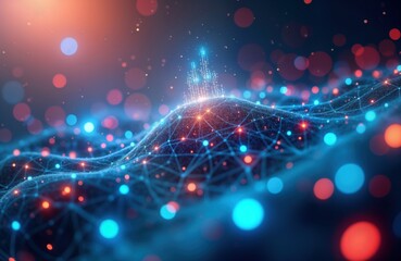 Poster - Abstract digital illustration shows global network connections. Futuristic cityscape icon sits atop undulating data waves. Dynamic graphic shows interconnected network nodes with vibrant colors.