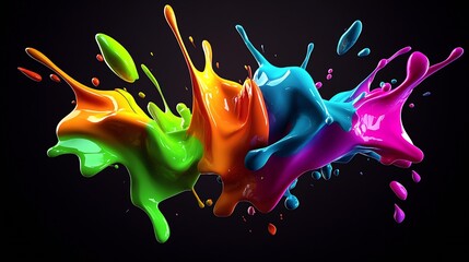 Poster - Vibrant Explosion of Multicolored Paint Splashes on a Black Background : Generative AI