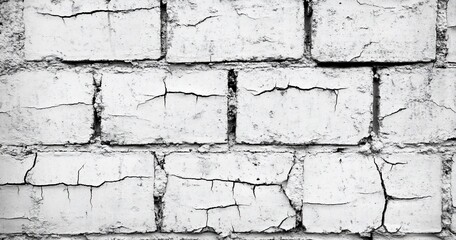Poster - A close-up view of a weathered white brick wall with cracks.
