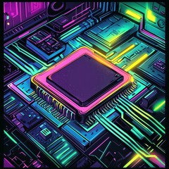 Aufkleber - Vibrant Digital Circuit Board With a Central Processing Unit in Neon Colors Displaying Futuristic Technology