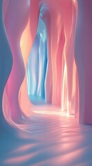 Poster - Wavy, Illuminated Passageway in Soft Pastel Colors, Showcasing Natural Curves and Reflections in a Serene Environment