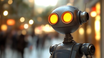 Aufkleber - Charming Futuristic Robot Character in a Shopping Mall Setting with Glowing Eyes : Generative AI
