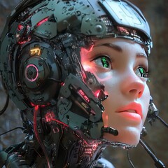 Poster - Futuristic Robotic Face Showcasing Intricate Machinery and Vibrant Lights, Highlighting Advanced Technology and Artificial Intelligence Features in a Close-Up View