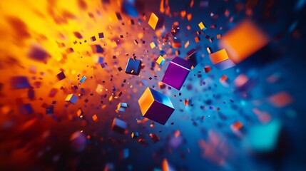 Poster - Vibrant Multicolored Cubes in Dynamic Motion with Glowing Background : Generative AI