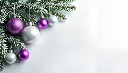 Poster - Frosted pine branches decorated with white, purple Christmas ornaments. Festive wintery holiday scene against plain white background. Ideal for greeting cards invitations banners wallpapers. Design