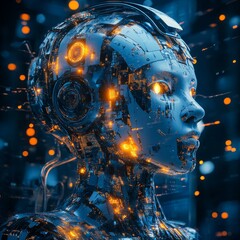 Poster - Futuristic Female Robot Head With Glowing Circuitry in a Vibrant Digital Landscape Showcasing Advanced Technology