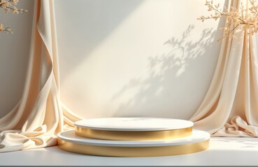 Aufkleber - Empty white podium with golden metal wave. Beige silk drapes. Natural light casts shadows. Luxury product display mockup. Modern, elegant presentation. Beauty product advertising. Stylish 3D render.
