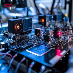Poster - Modern Electronic Circuit Board With Advanced Components and Glowing Lights in a High-Tech Laboratory Environment