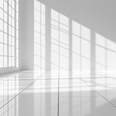 Poster - Bright Sunlight Casts Geometric Shadows Across a Minimalist Room With Large Windows During the Afternoon
