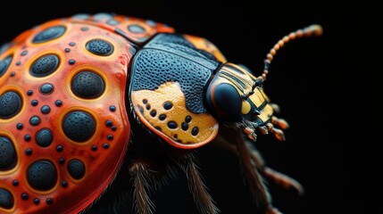 A ladybug's delicate shell captured under a biological microscope, revealing intricate geometry and vibrant colors in stunning detail.